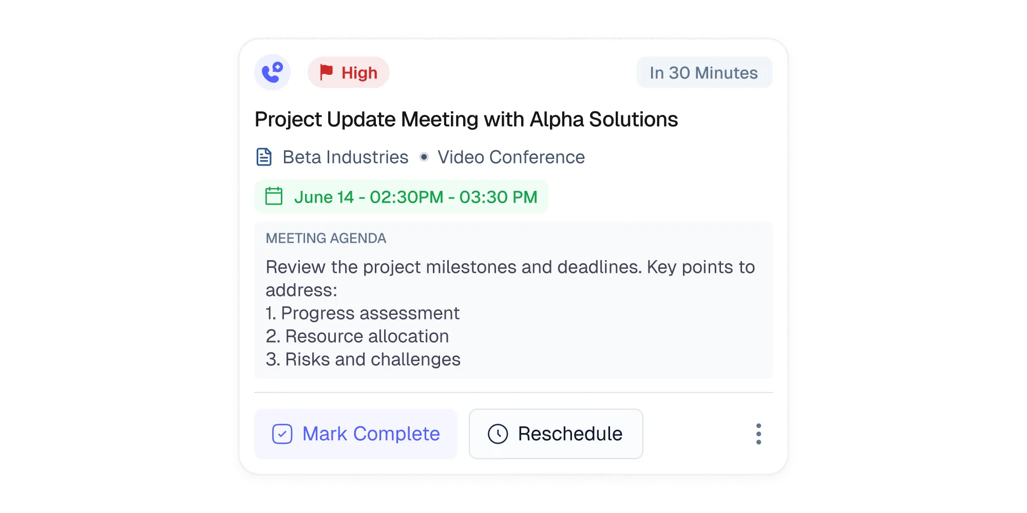 Follow-up task with priority and schedule.
